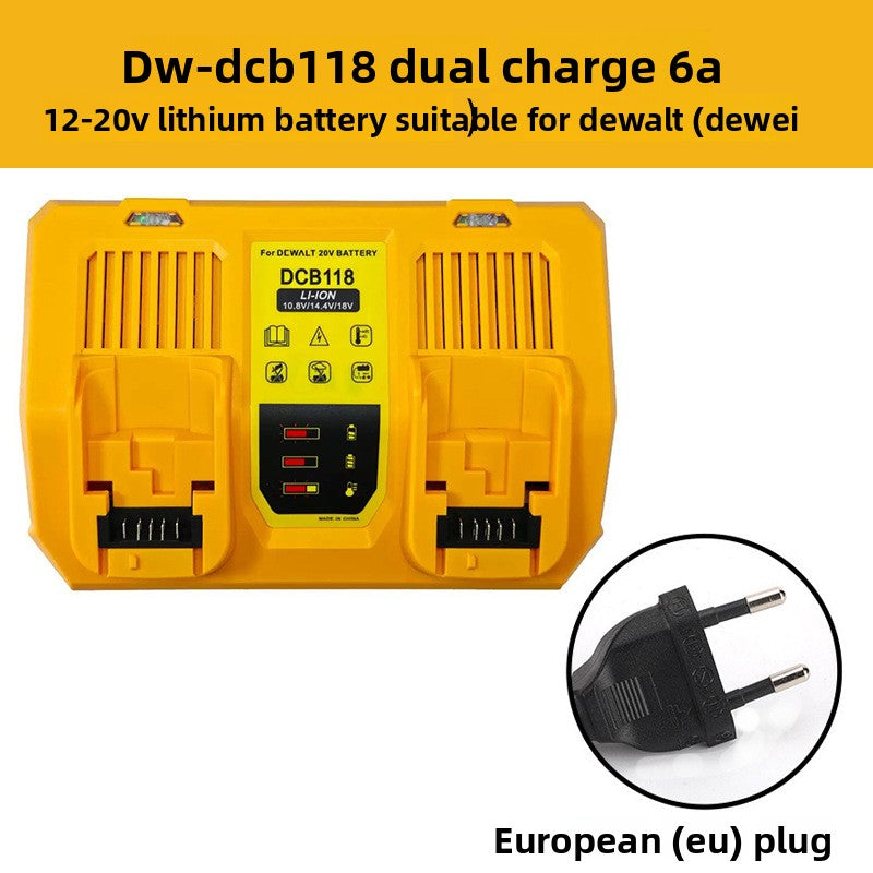 DCB112 charger top view with battery connector terminals