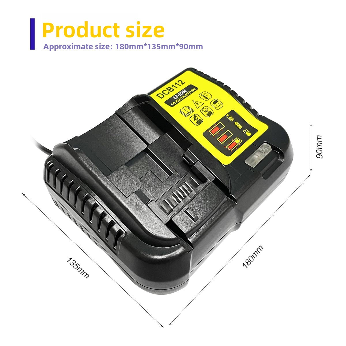 DCB112 charger product dimensions 180x135x90mm