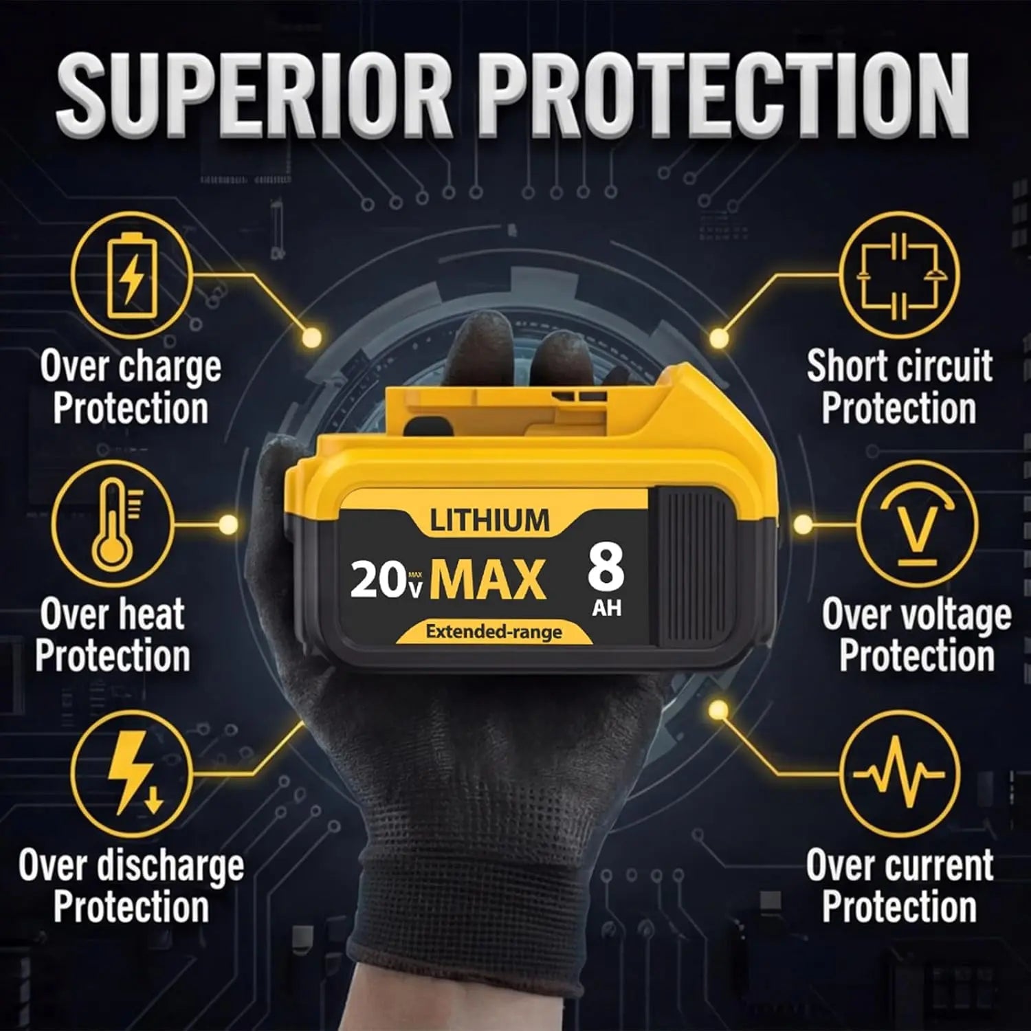 BattGlobal 20V 8.0Ah replacement battery for Dewalt 20V Max tools - side view
