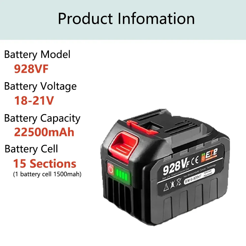 928VF 20V 22500mAh Rechargeable Lithium Ion Battery - High Capacity for Electric Chainsaw, Drill & Wrench Power Tools