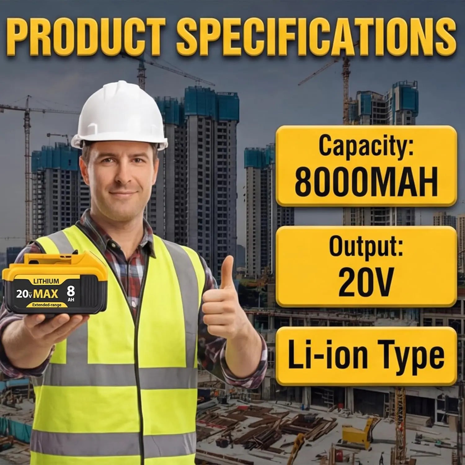 BattGlobal 20V 8.0Ah replacement battery for Dewalt 20V Max tools - product image 5