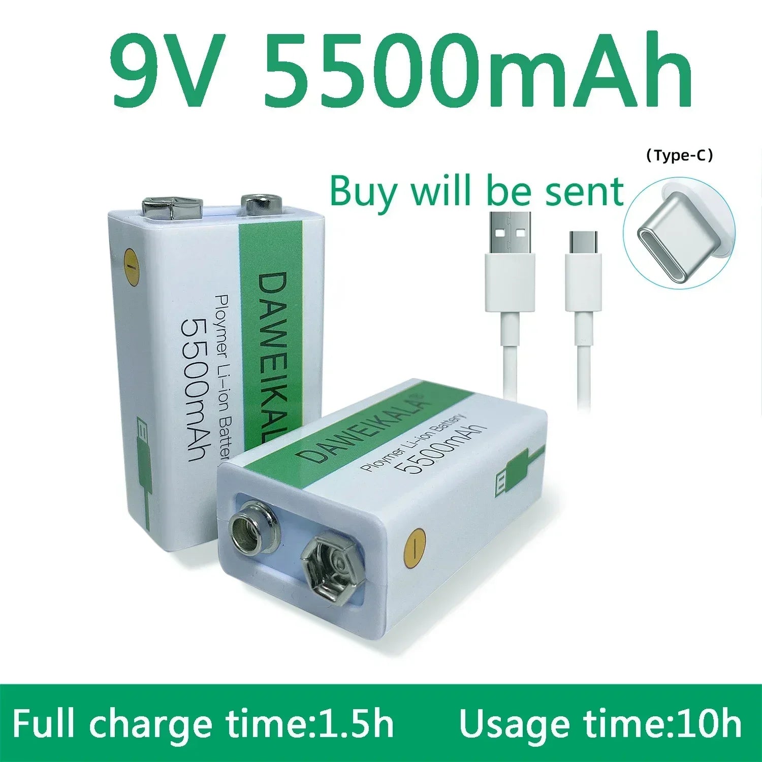 9V 5500mAh Rechargeable Li-ion Battery with Micro USB Charging Cable - main product image