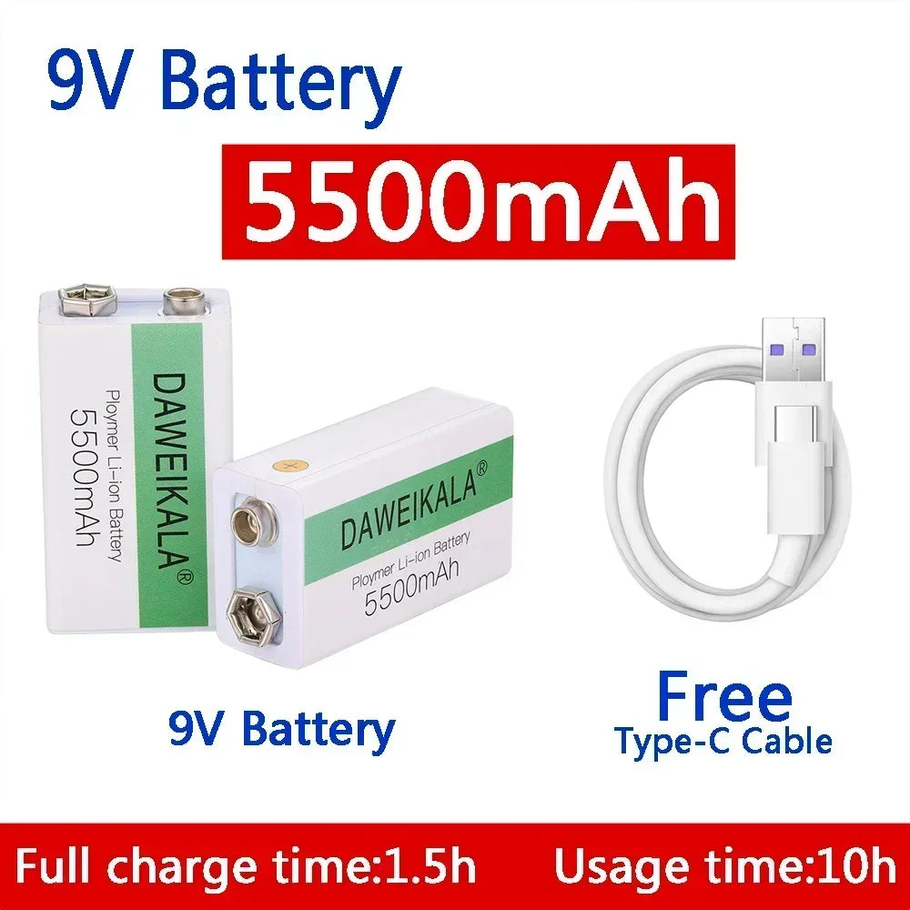 9V 5500mAh Rechargeable Li-ion Battery with Micro USB Charging Cable - alternate angle