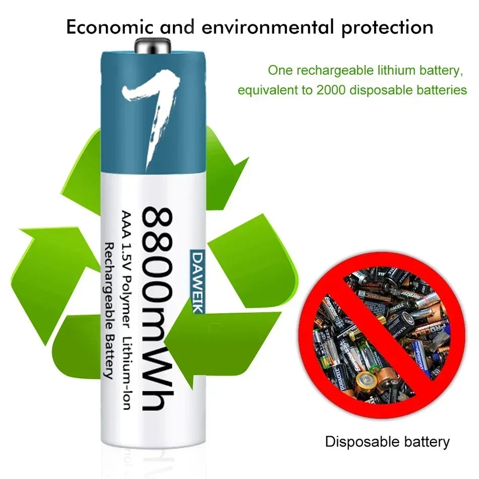 Rechargeable AAA 1.5V Lithium Polymer Battery 8800mAh for Remote Control, Mouse, Fan, Toys