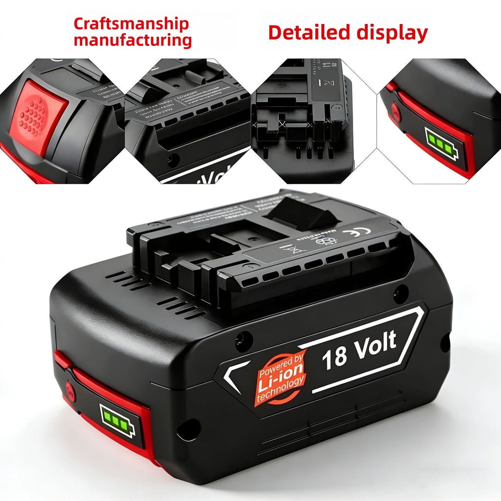 Bosch 18V BAT618 battery with detail close-up views